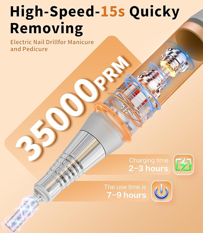 [2025 Upgraded] Electric Nail Drill Professional, Portable Rechargeable 40000 RPM - Cordless Electric Nail File Machine Kit for Acrylic Gel Polishing Removing, Manicure at Home DIY & Salon (Orange)
