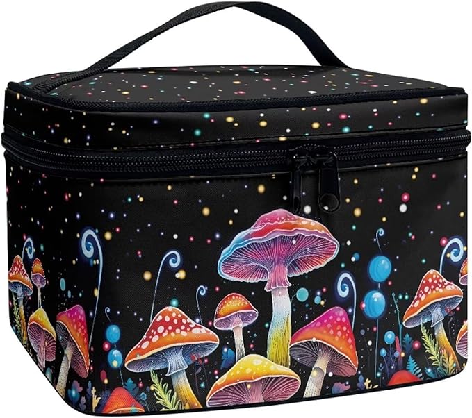 Colorful Mushrooms Pattern Makeup Bag Travel Cosmetic Bag with Zipper and Handle Portable Large Capacity Toiletry Case for Women Ladies Travel Accessories