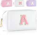 MSQ Personalized Makeup Bag Initial A-Z Patch Bag, PU Leather Cosmetic Bag Pouch Travel Toiletry Bag with Zipper, Gift Ideal for Teen Girls Friend Mom Women Birthday(White A)