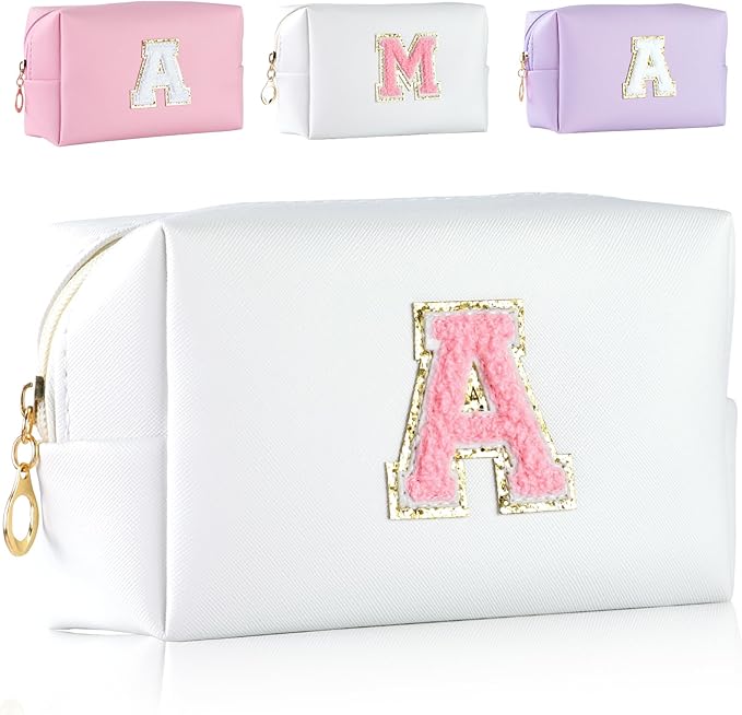MSQ Personalized Makeup Bag Initial A-Z Patch Bag, PU Leather Cosmetic Bag Pouch Travel Toiletry Bag with Zipper, Gift Ideal for Teen Girls Friend Mom Women Birthday(White A)