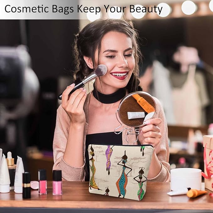 African Woman Makeup Bags Makeup Organizer, Black African Women With Vases Flax Toiletry Bags Travel Cosmetic Bag Makeup Purse Pouch Skincare Bag Wallet Bags For Women Female Mom Daughter