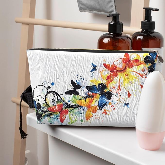 Womens Leather Makeup Bag Cosmetic Bag Travel Toiletry Bags Make Up Bags for Women Adult (Elegant Butterflies)