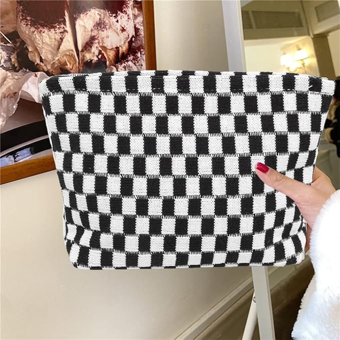 2 Pieces Makeup Bag Set, Small Black Checkered Cosmetic Bag Travel Toiletry Organizer Mini Cosmetic Pouch Case Makeup Brushes Cute Quilted Aesthetic Accessories Storage Bag for Women