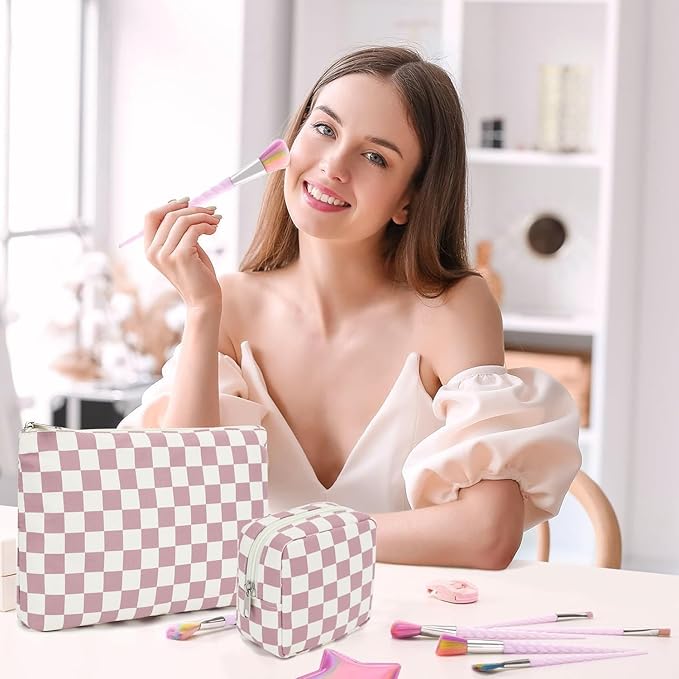 Checkered Makeup Bag, Travel Cosmetic Bag Organizer Toiletry Bag Make Up Bags with Zipper & Compartments for Women Girls, 2PCS