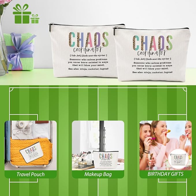 2pcs Chaos Coordinator Makeup Bag Chaos Coordinator Gifts for Women Cosmetic Bag, Thank You Gifts for Women Her Moms Manager Colleagues Retirement Boss Gift, Makeup Pouch Zipper Bags