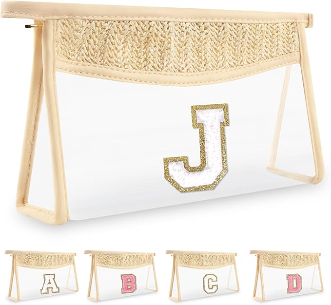 Personalized Initial Letter Bag Boho Straw Clear Makeup Bag,Small Cute Chenille Varsity Letter Pouch With Zipper,Beach Travel Toiletry,Portable Monogrammed Cosmetic Bag for Women Girls,J