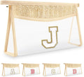 Personalized Initial Letter Bag Boho Straw Clear Makeup Bag,Small Cute Chenille Varsity Letter Pouch With Zipper,Beach Travel Toiletry,Portable Monogrammed Cosmetic Bag for Women Girls,J