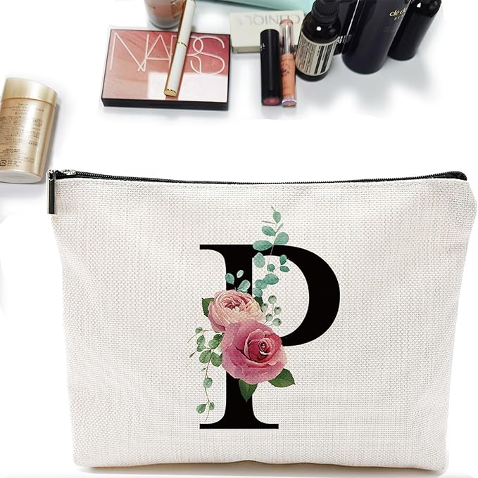 Initial A-Z Personalized Letter Makeup Bag, Monogrammed Bridesmaid Gifts/Presents Cosmetic Bag, Portable Stationery Storage Organizer Pouch, Friendship Love Travel Makeup Bags