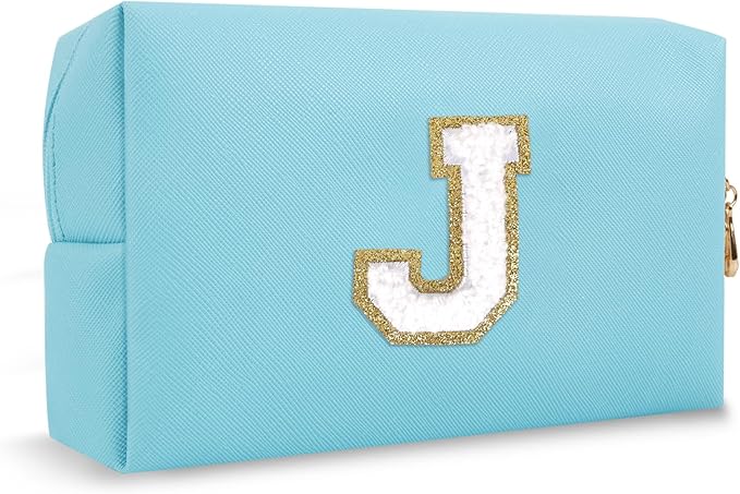 Personalized Preppy Small Travel Makeup Bag, Initial Chenille Letter Blue Makeup Bag Cosmetic Zipper Pouch Toiletry Organizer, PU Waterproof Makeup Case Storage Cute Preppy Stuff for Female(Letter J)