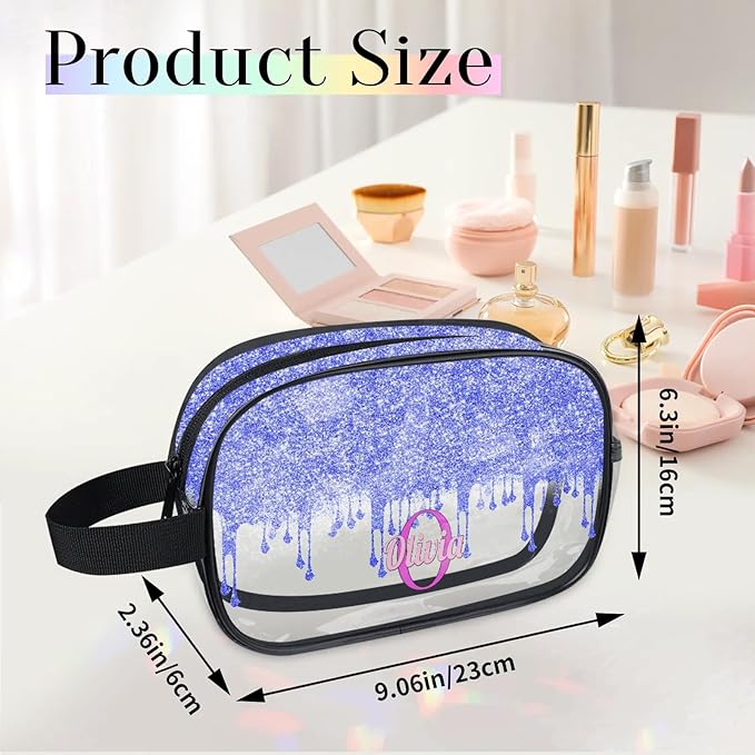 Personalized Name Clear Makeup Bag, Custom Women Transparent Cosmetic Travel Toiletry Bag Pouch Organizer for Vacation Weekend, Bright Blue Curtain Glittery