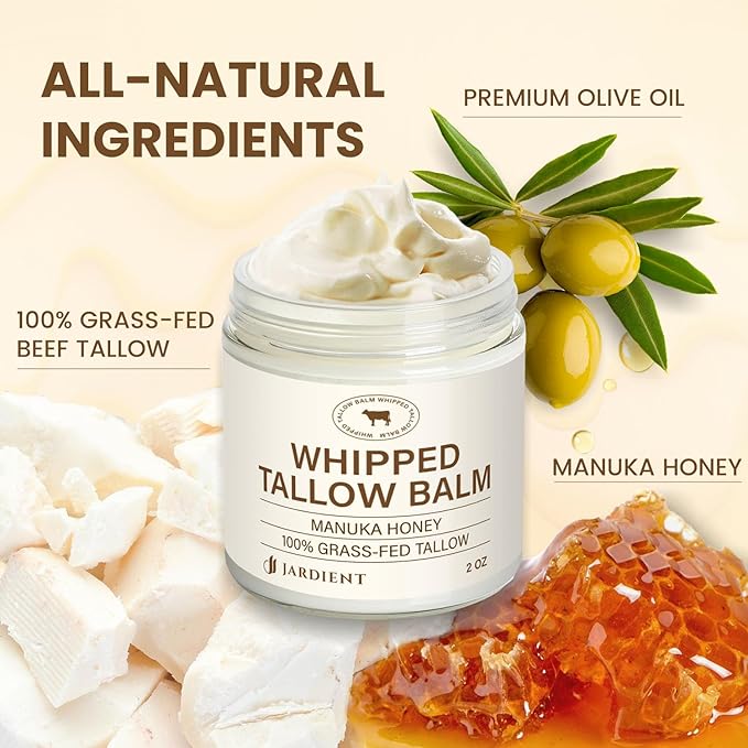 Beef Tallow Honey Balm for Skin: 100% Grass-Fed Beef Tallow Moisturizer For Face and Body - Organic Moisturizer Cream with Olive Oil Manuka Honey for Eczema and Dry Skin 2OZ