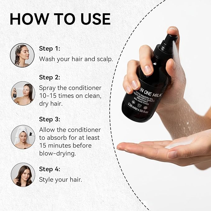 Hair Milk Spray, Nourishes Hair Detangler Conditioner, Repairs Dry, Damage & Split Brittle Strands, All in One Leave-In Mist for All Hair Types, Cruelty Free Refreshing Formula, 4.56 Fl Oz
