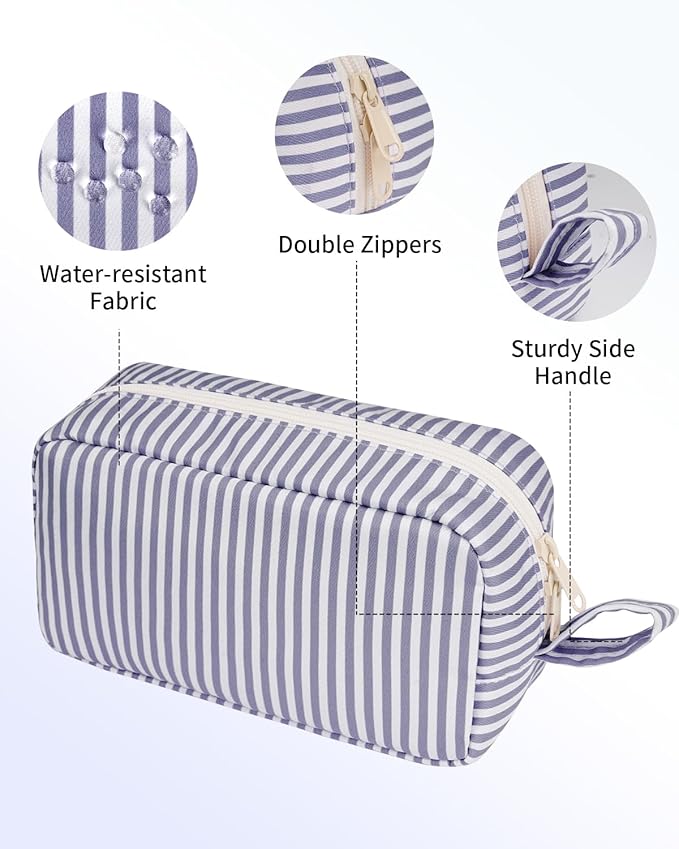 Narwey Cute Makeup Bag Small Toiletry Bag Travel Cosmetic Bag Organizer Make Up Bags with Organized Pockets for Women (Greyish Blue Stripe, Large)