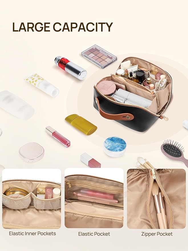 Telena Leather Make Up Bag Portable Travel Makeup Bag Waterproof Cosmetic Bags for Women Large Capacity With Handle and Divider Open Flat