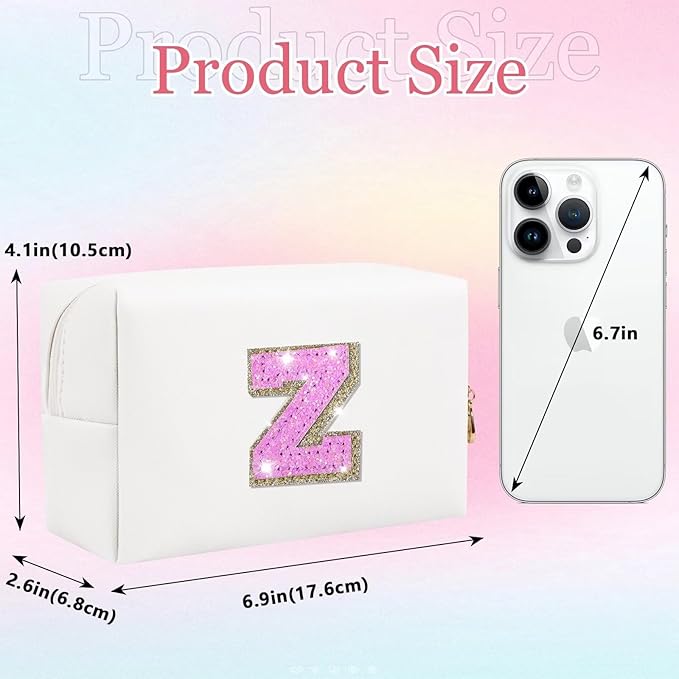 Glitter Initial Letter Makeup Bag, Small Personalized Sequins Letters PU Leather Cosmetic Bag Portable Waterproof Makeup Zipper Pouch, Shine Handbag Organizer Travel Bag Gifts for Women&Girls(White-Z)