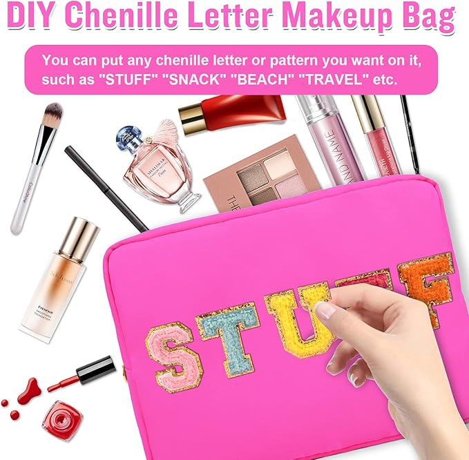 Nylon Large Makeup Bag Travel Cosmetic Bag Pouch, Preppy Big Makeup Bag Cute Cosmetic Zipper Pouch Purse, Waterproof Toiletry Bag Clutch Makeup Organizer Travel Essentials for Women Girls(Hot Pink)