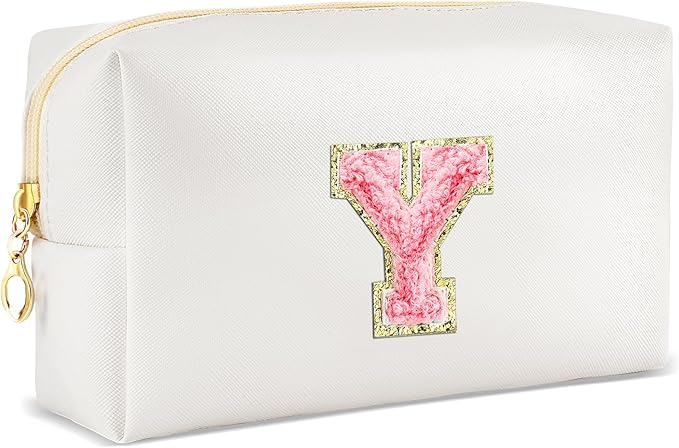 Initial Makeup Bag Personalized Preppy Travel Small Cosmetic Bag Cute PU White Chenille Letter Makeup Pouch for Purse Waterproof Zippered Toiletry Organizer for Women Girls Kids Friends (Y)