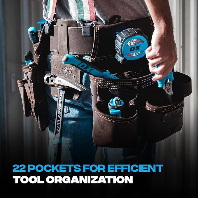Ox Tools Pro Carpenter Tool Belt - 22-Pocket Leather Tool Belt Pouches - (XL) Belt made of Oil-Tanned Leather with Double-Stitching and Steel Rivets - OX-P263607