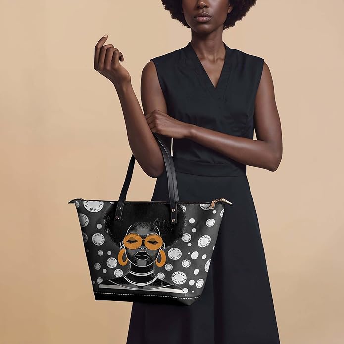African Black Women's Leather Tote Bag, Large, Premium Vegan Leather, Full Zip, Perfect Christmas Gifts For Women