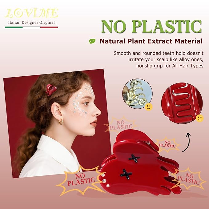 Italian Designed Original Mini Halloween Hair Claw Clips for Women - Red Bloody Heart, Handmade Cute Gothic Spooky Hair Accessories, Nonslip, Plant-Based Acetate, Gift Boxed