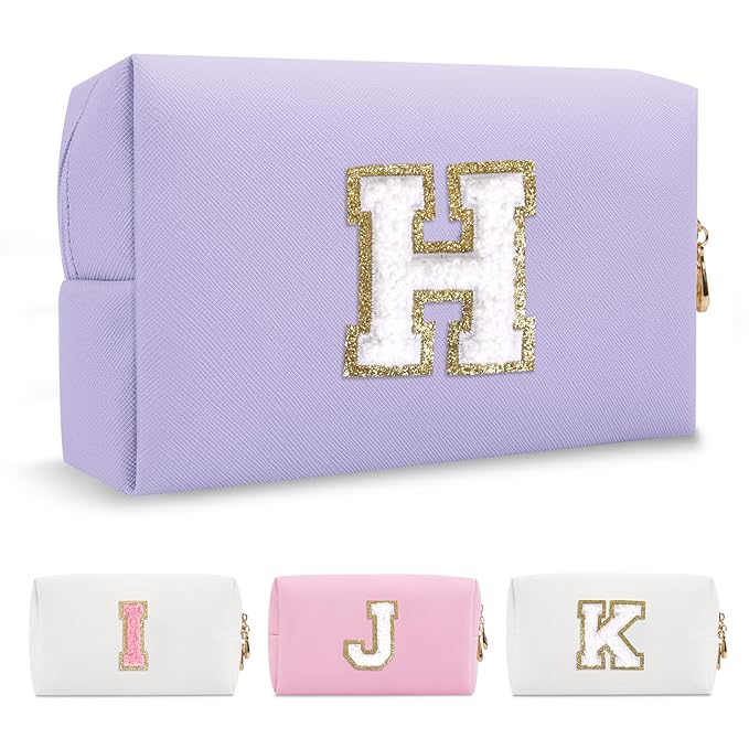 Personalized Makeup Bag Initial A-Z Preppy Patch Bag,Small PU Leather Travel Cosmetic Bag Pouch with Zipper,Purple Cute Toiletry Bag,Gift Ideal for Teen Girls Women Birthday Friend Mom,Latter H