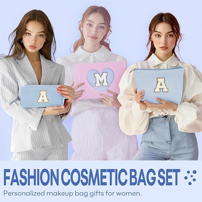 mibasies 2 PCS Initial Makeup Bags: Mothers Day Gifts for Women - Best Friend Birthday Gifts Graduation Gifts Wedding Bridesmaid Girlfriend Wife Daughter Sister Girl Gifts - Blue M