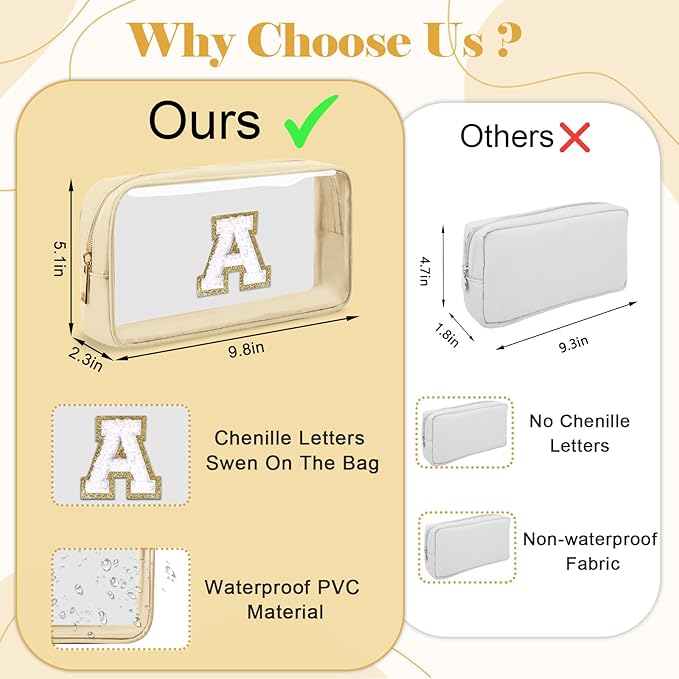 Personalized Initial Letter Clear Makeup Bag,Preppy Small Nylon&PVC Cosmetic Zipper Bag with Chenille Letter,Portable Beach Travel Skincare Toiletry Bag,Trendy Monogram Gift for Teen Girls Women,L