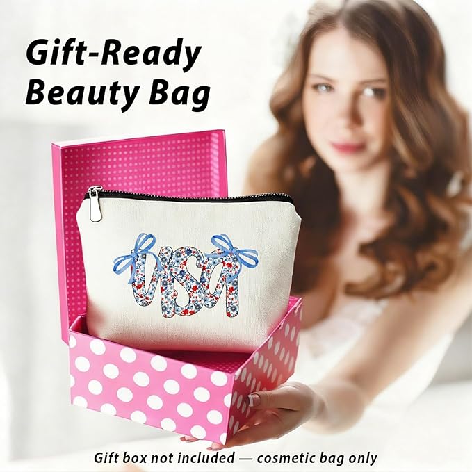 Retro Floral USA 4th of July Makeup Bag, America Patriotic Cosmetic Bags for Women, Red White and Blue Bow USA Toiletry Bag for Women, cosmetic bag, makeup case