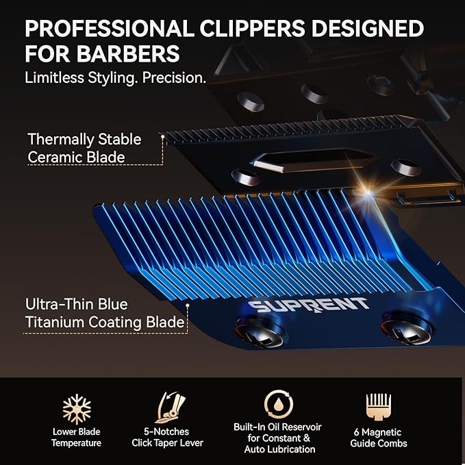 SUPRENT Professional Hair Clippers for Men - Cordless Barber Clippers & Zero-gapped Trimmer Set, Haircutting Kit with 10000 RPM Motor Speed, Blue Titanium-Coated Blades, Charging Stands (Gray)