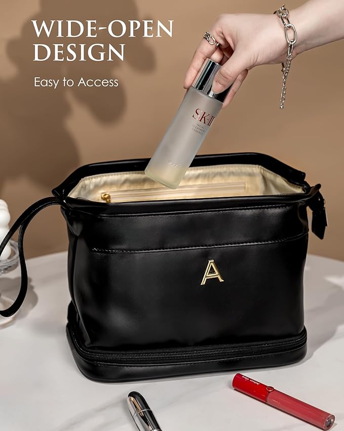 Initial Makeup Bag, Daughter Gifts, Personalized Double Layer Cosmetic Bag with Makeup Brush Organizer, Waterproof, Large Capacity PU Leather Travel Toiletry Bag Cute Things for Girls