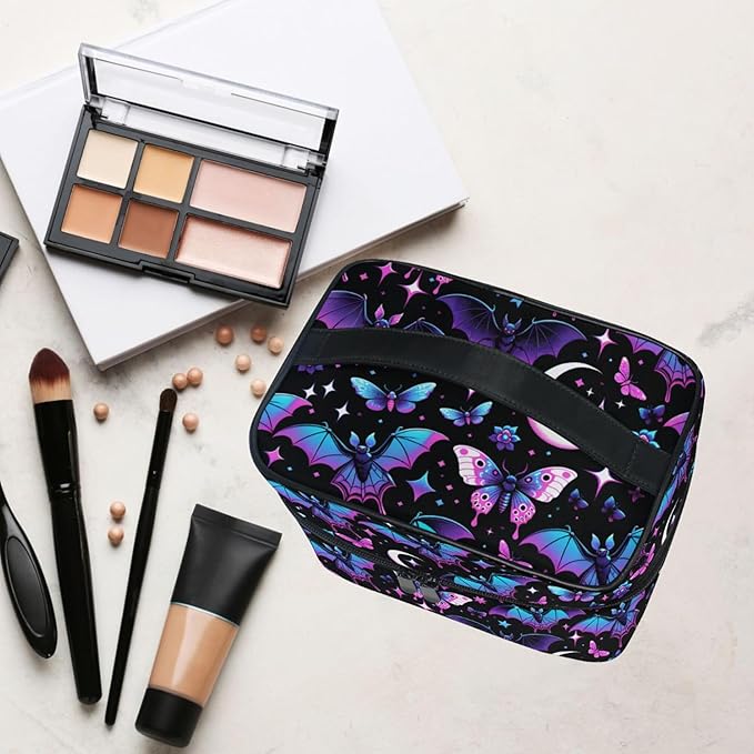 MNSRUU Makeup Bags, Neon Purple and Bats Stars and Moons Makeup Organizer Bags Toiletry Bag Box Travel Cosmetic Bag Make Up Train Case for Women Teen Girl Ladies