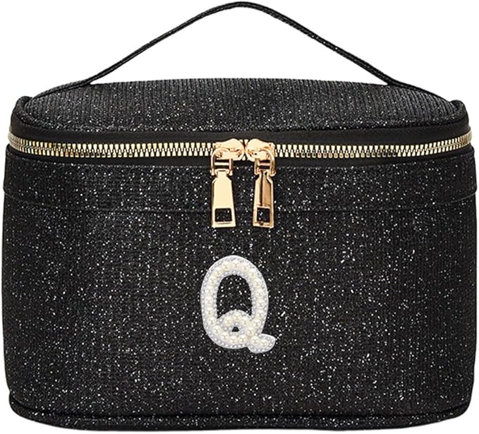 EURYNOME Makeup Bag with Custom Letter Q, Water-Resistant Travel Organizer Pouch, (8.3x5.1x5.1 Inch) Cosmetic Case for Women