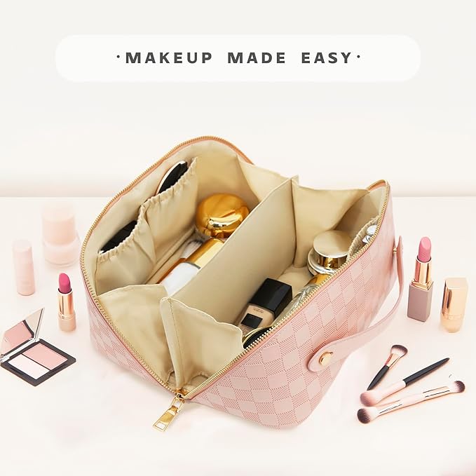 Travel Makeup Bag – Large Cosmetic Organizer with Waterproof PU Leather, Smooth Double Zipper & Tear-Resistant Lining, Toiletry Pouch for Women (Pink)