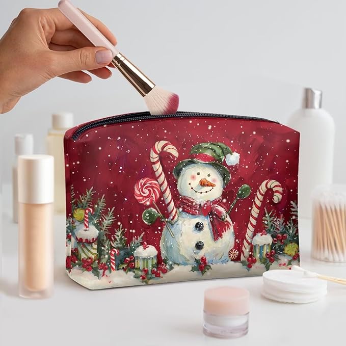 COEQINE Christmas Snowman Candy Make Up Pouches for Women Leather Organizer Cosmetic Bags Waterproof Vegan Leather Toiletry Bags Travel Essentials Pouch Mini Wallet Clutch Handbags
