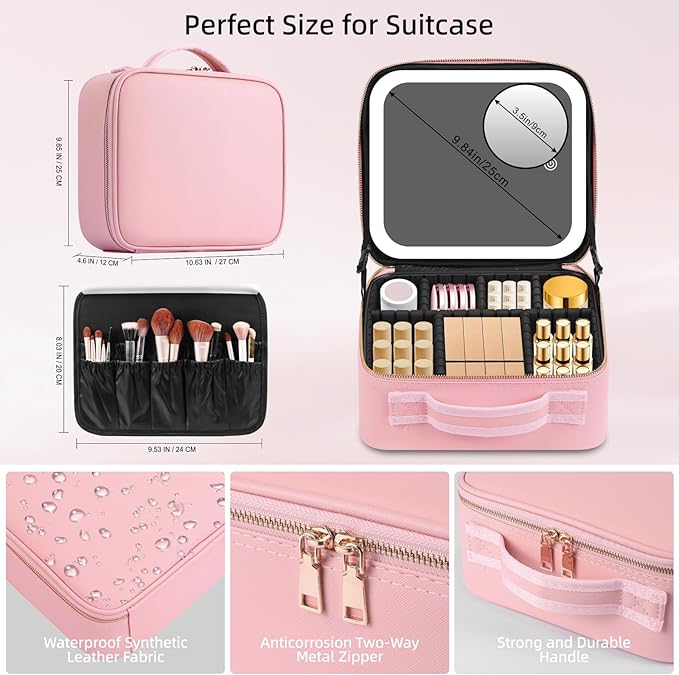 Makeup Case with Mirror and Lights, Travel Makeup Bag with Lighted Mirror, Make up Case with LED Mirror & Adjustable Dividers, Portable Cosmetic Organizer Bag Gift for Women(Pink)