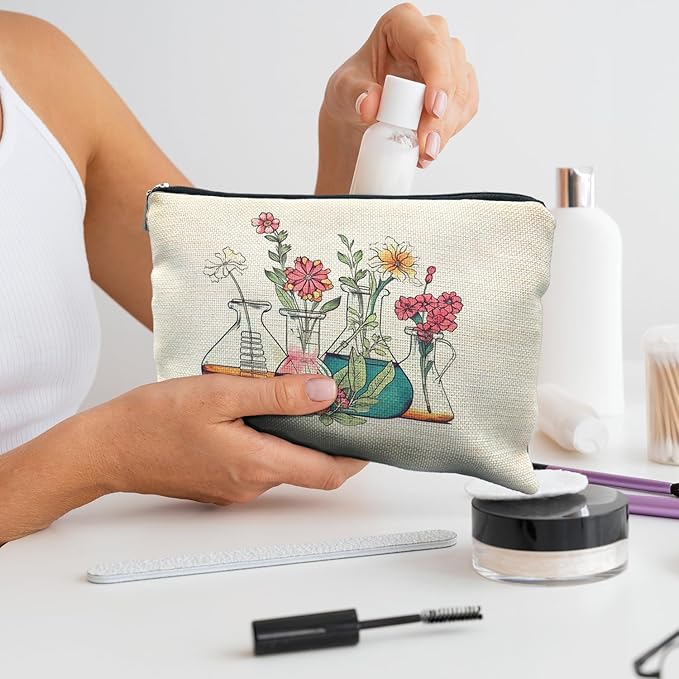 Science Teacher Gifts Makeup Bag - Floral Beakers Cosmetic Pouch