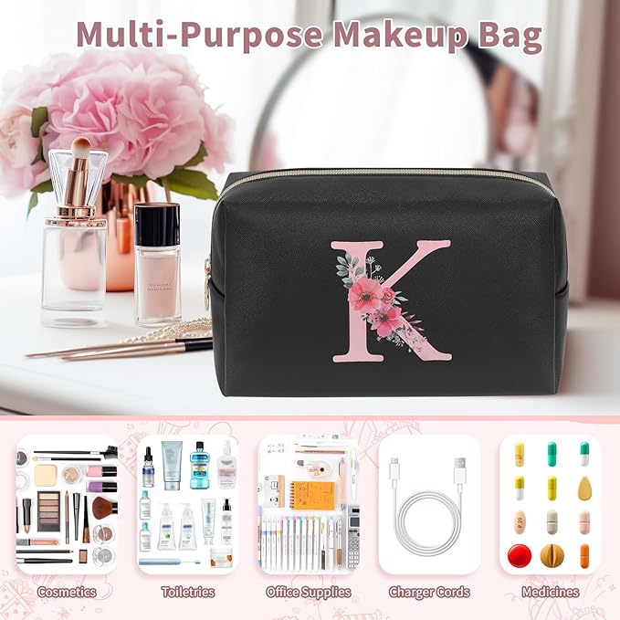 Personalized Initial Makeup Bag, Birthday Gifts for Women and Girls, Small Makeup Pouch Travel Toiletry Bag, Make Up Organizer Bag Gift Trendy Stuff for Friend Mom Teacher, Black