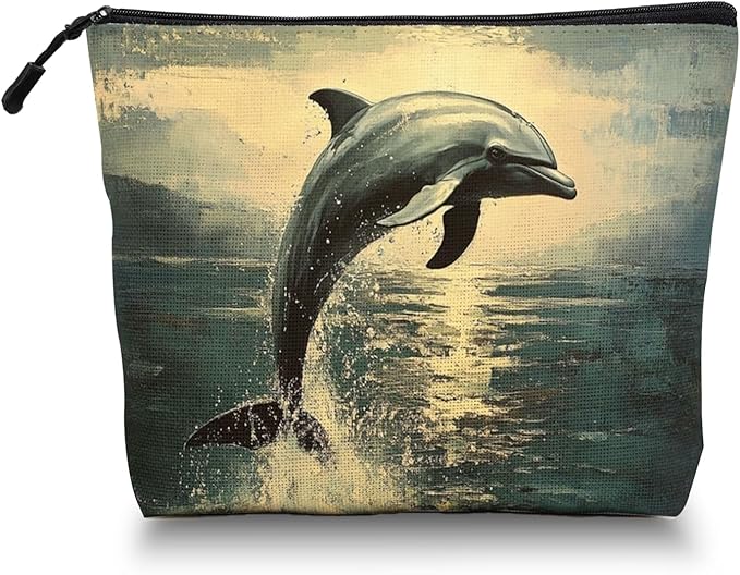 Cosmetic Bags Travel Makeup Toilet Case Waterproof Pouch for Women Girls 6.7X9.45inches - Dolphin Leaping in A Vintage - Styled Sea - Sky Scene