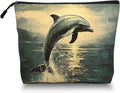 Cosmetic Bags Travel Makeup Toilet Case Waterproof Pouch for Women Girls 6.7X9.45inches - Dolphin Leaping in A Vintage - Styled Sea - Sky Scene