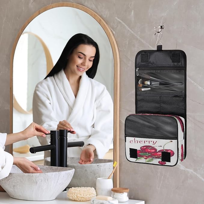 Travel Toiletry Bag for Women & Men Modern Fruit Cherry Hanging Cosmetic Organizer Portable Waterproof Makeup Case Make Up Bag with Compartments Travel Essentials for Bathroom Shower