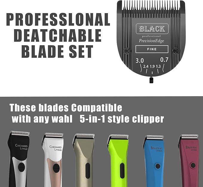 Audoc Adjustable 5 in 1 Blades Dog Grooming Blades Compatible with Wahl Animal Clipper Arco, Bravura, Chromado, Creativa, Figura, and Motion Pet, Dog, and Horse (BLACK/3PC)