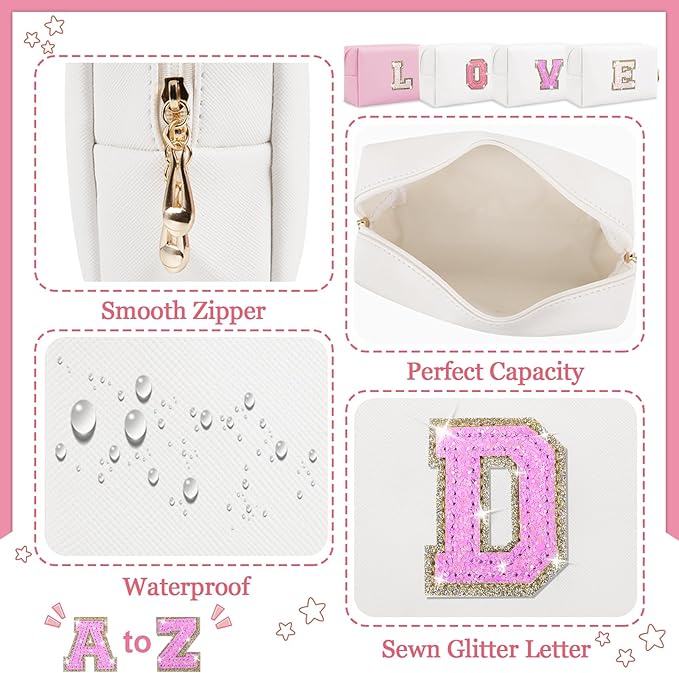 Personalized Initial Letter Makeup Bag, Preppy Glitter Letter Patch Cosmetic Pouch Zipper,PU Waterproof Travel Toiletry Bag Cute Makeup Organizer Monogrammed Make Up Bag,Gift for Women Girls
