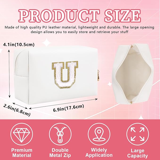 Personalized Initial Letter Patch Makeup Bag, Preppy Portable Chenille Cosmetic Bag with Zipper, PU Leather Waterproof Travel Toiletry Bag Monogram Make Up Pouch for Women Girls