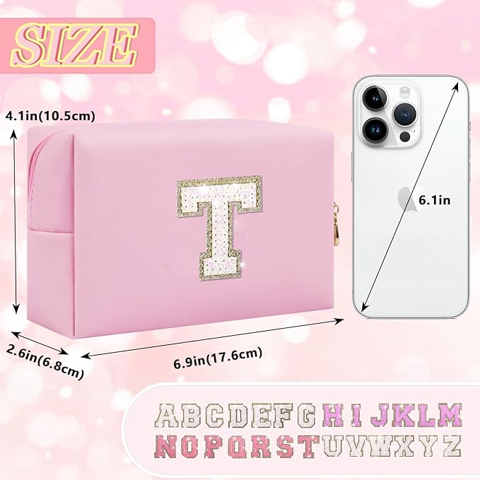 Personalized Initial Letter Makeup Bag, Small Preppy Glitter Letters Cosmetic Pouch PU Waterproof Zipper Travel Toiletry Bag, Unique Letters Patch Makeup Organizer Gift for Women Teen Girls(Letter T)