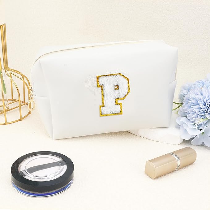 Gifts for Girls Initial Makeup Bag Personalized Cosmetic Bag with Zipper Cute Travel Toiletry Bags Waterproof PU Preppy Makeup Pouch Birthday Gift for Teen Girls Women(White P)