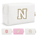 Small Personalized Initial A-Z Preppy Patch Makeup Bag,White PU Chenille Letter Travel Cosmetic Pouch with Zipper,Cute Toiletry Bag,Gift Ideal for Teen Girls Women Teacher Bridesmaid,Letter N