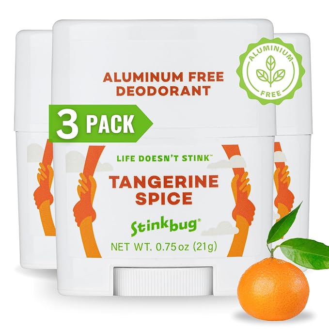 Stinkbug Naturals Organic Aluminum Free Travel Size Deodorant Stick with Tangerine Spice, Coconut Oil, Paraben Free, Sensitive Skin Deodorant, 0.75 Ounce Pack of 3