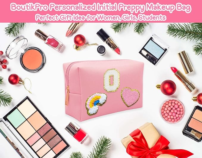 Personalized Inital Preppy Makeup Bag Set with Zipper, Monogram Waterproof Travel Cosmetic Bag for Women, Cute Preppy Patch Toiletry Bag for Traveling Outdoors, Gift Ideal for Christmas Thanksgiving