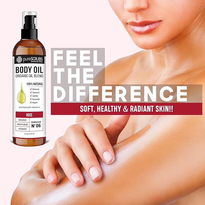 pureSCRUBS Ultra Moisturizing Rose Body Oil Spray for Dry Skin, Massage, Cuticles & More, Organic Super Blend of Jojoba, Argan, Coconut, Sweet Almond & Avocado Oils Enriched with Vitamin E, Lg 4oz