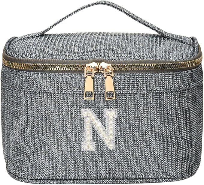 EURYNOME Makeup Bag with Custom Letter N, Water-Resistant Travel Organizer Pouch, (8.3x5.1x5.1 Inch) Cosmetic Case for Women